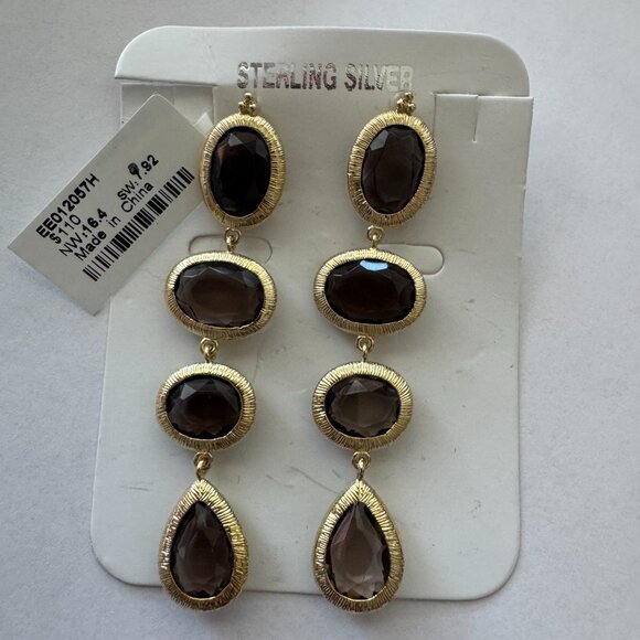 Smoky Quartz Drop Long Earrings | Gold over Sterling Silver | NWT - Picture 1 of 10